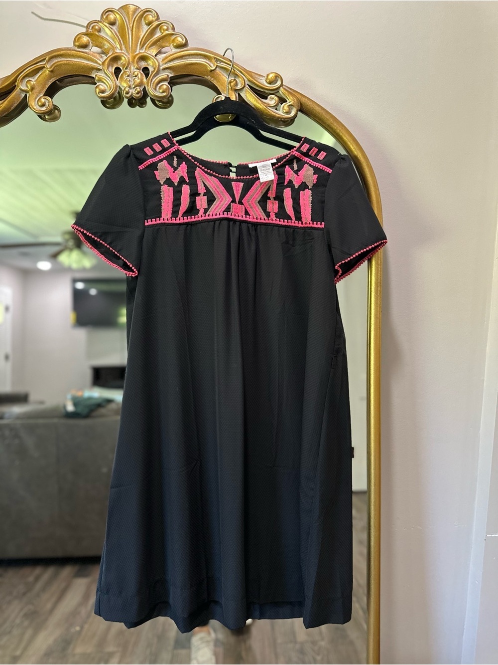 Esley Black Align Dress with Pink Embroidery Baby Doll Dress Casual